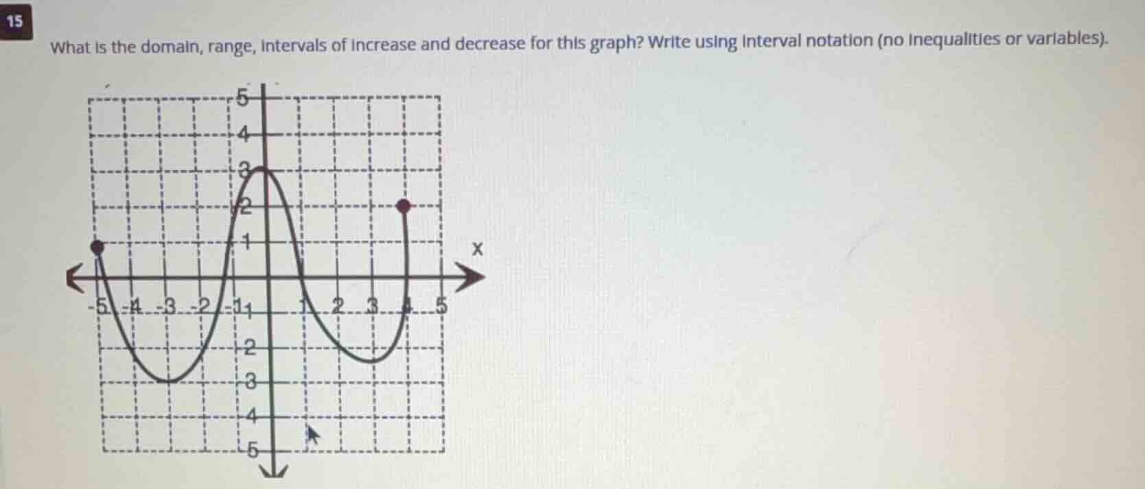 15 what is the domain, range, intervals of increase and decrease for th…