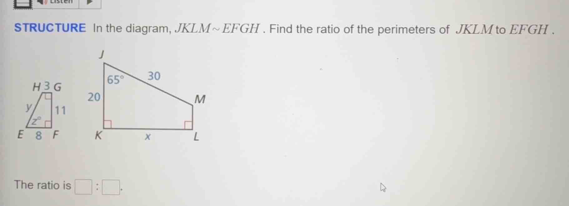 structure in the diagram, $jklm\\sim efgh$. find the ratio of the perim…