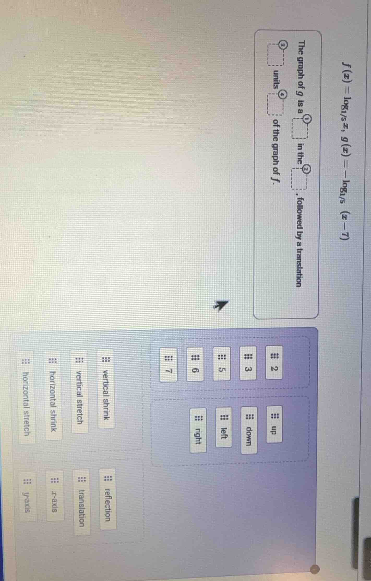 $f(x) = \\log_{1/5} x$, $g(x) = -\\log_{1/5} (x-7)$ the graph of $g$ is…