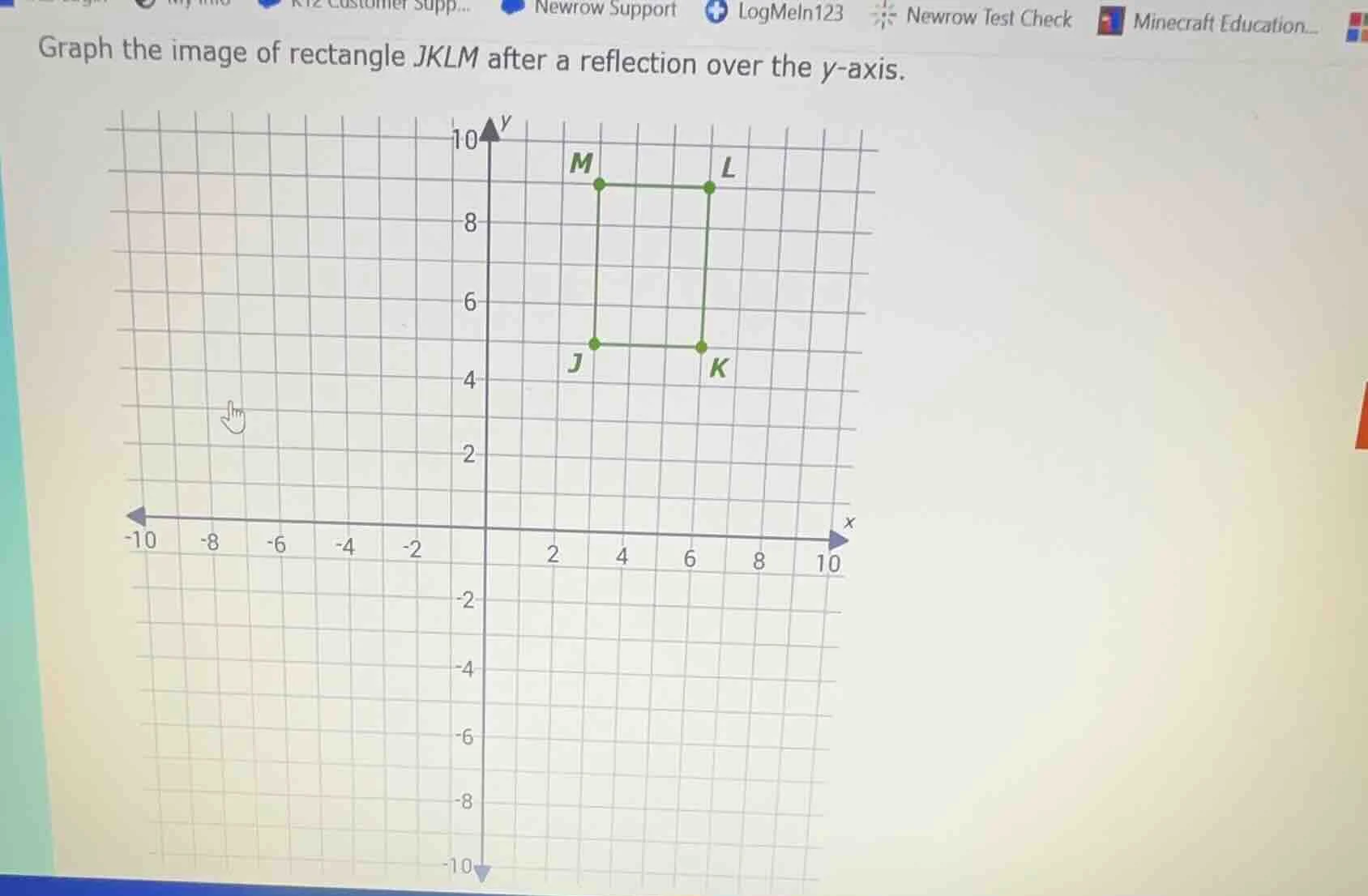graph the image of rectangle jklm after a reflection over the y-axis.