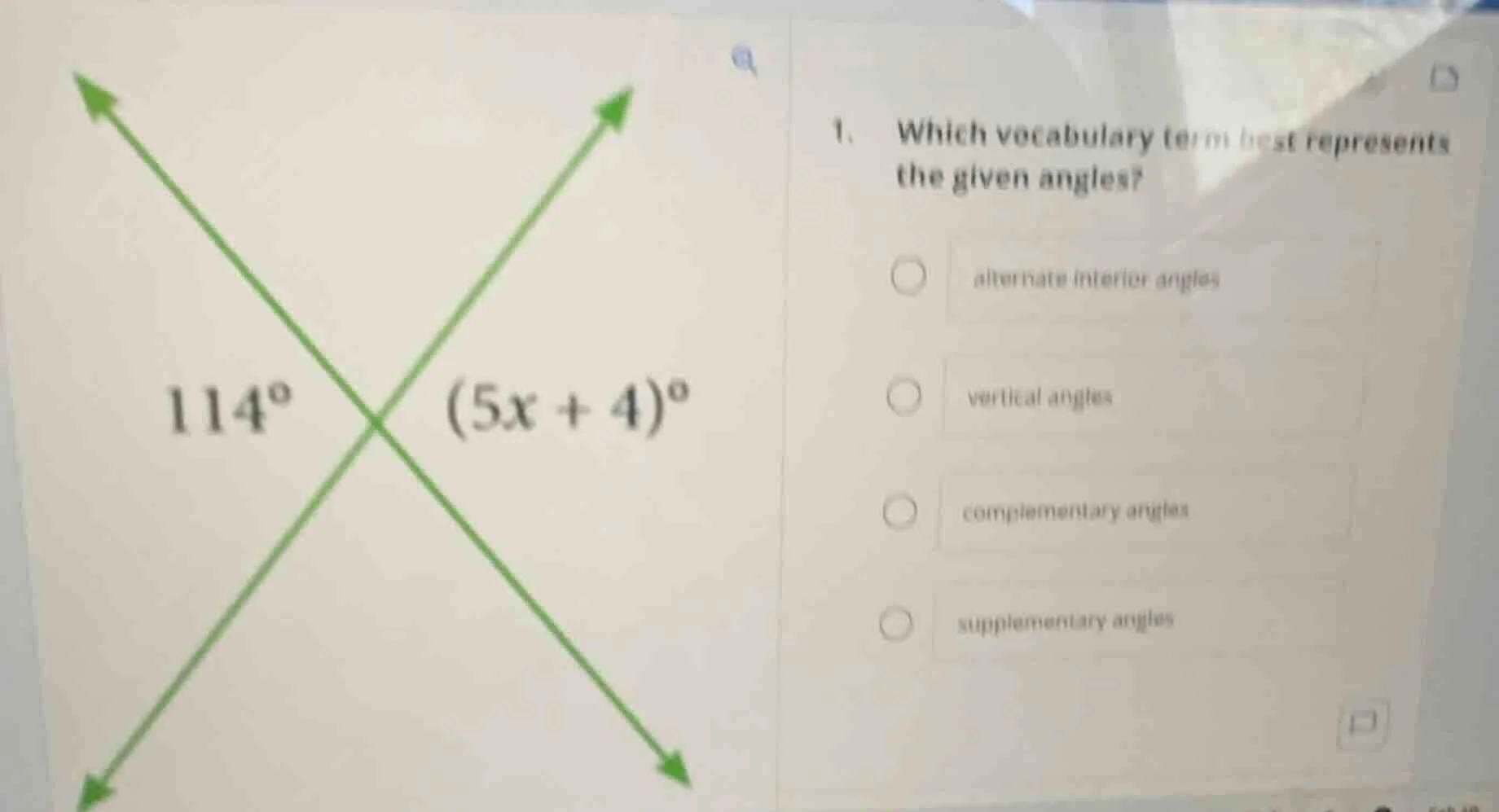 1. which vocabulary term best represents the given angles? alternate in…