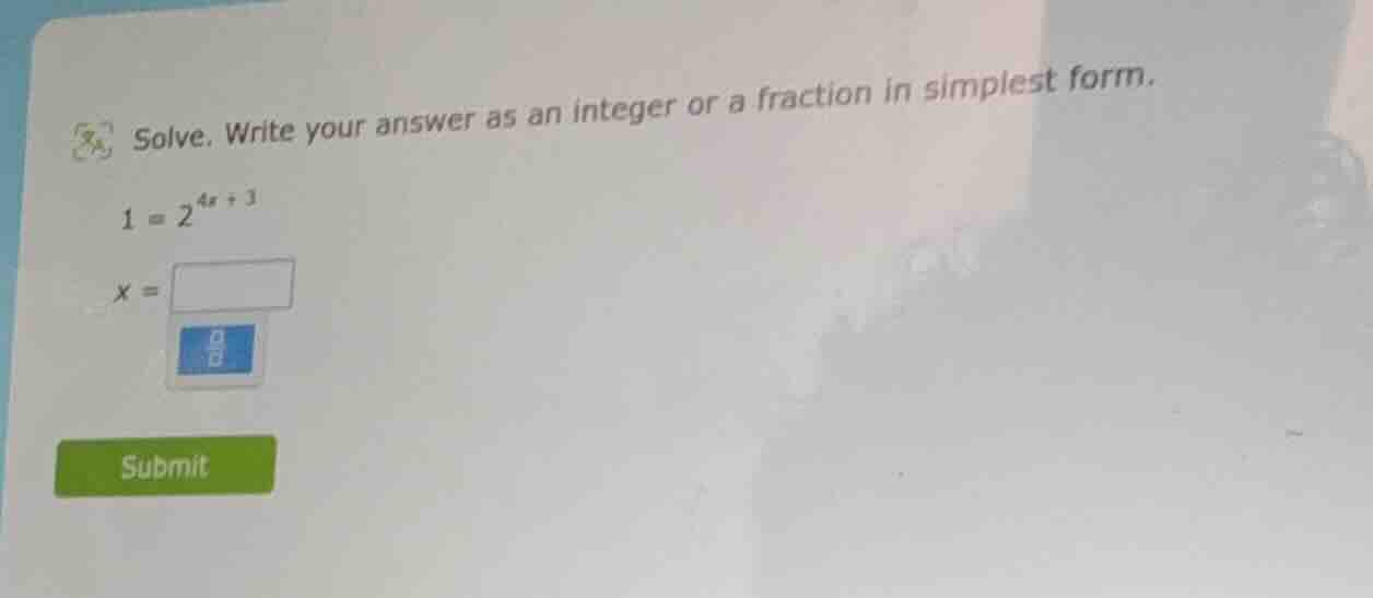solve. write your answer as an integer or a fraction in simplest form. …