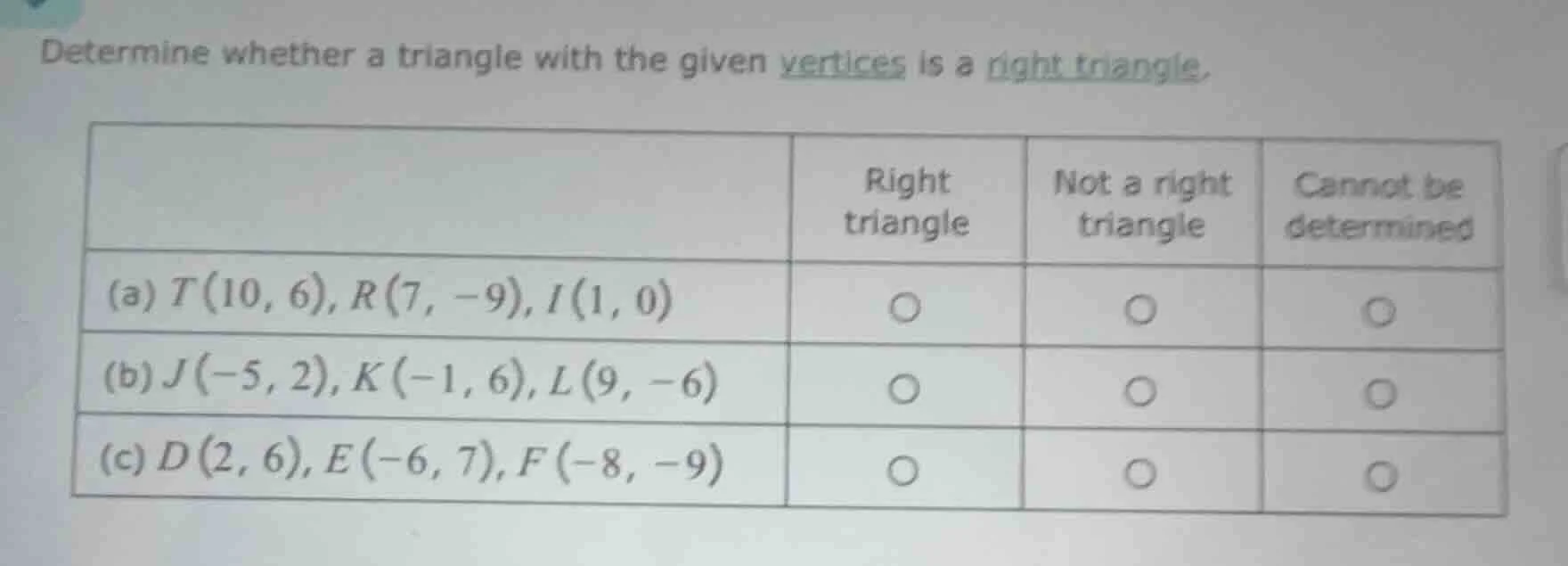 determine whether a triangle with the given vertices is a right triangl…