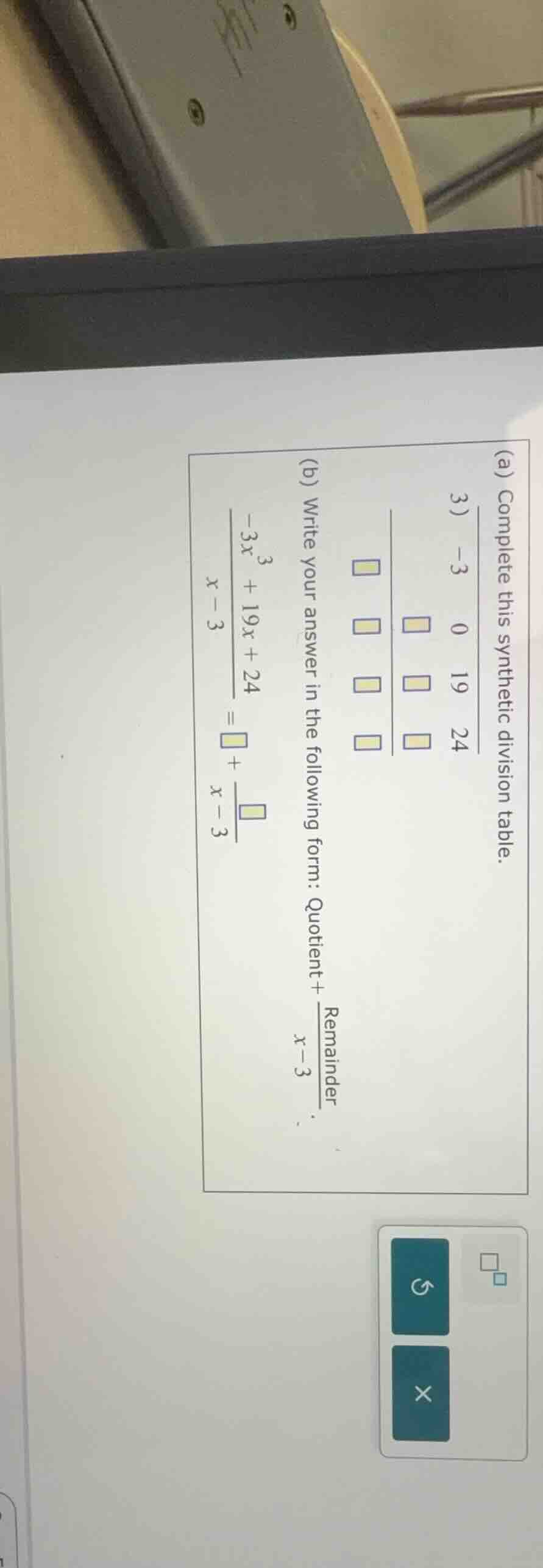 (a) complete this synthetic division table. $\\begin{array}{r} 3\\enclo…