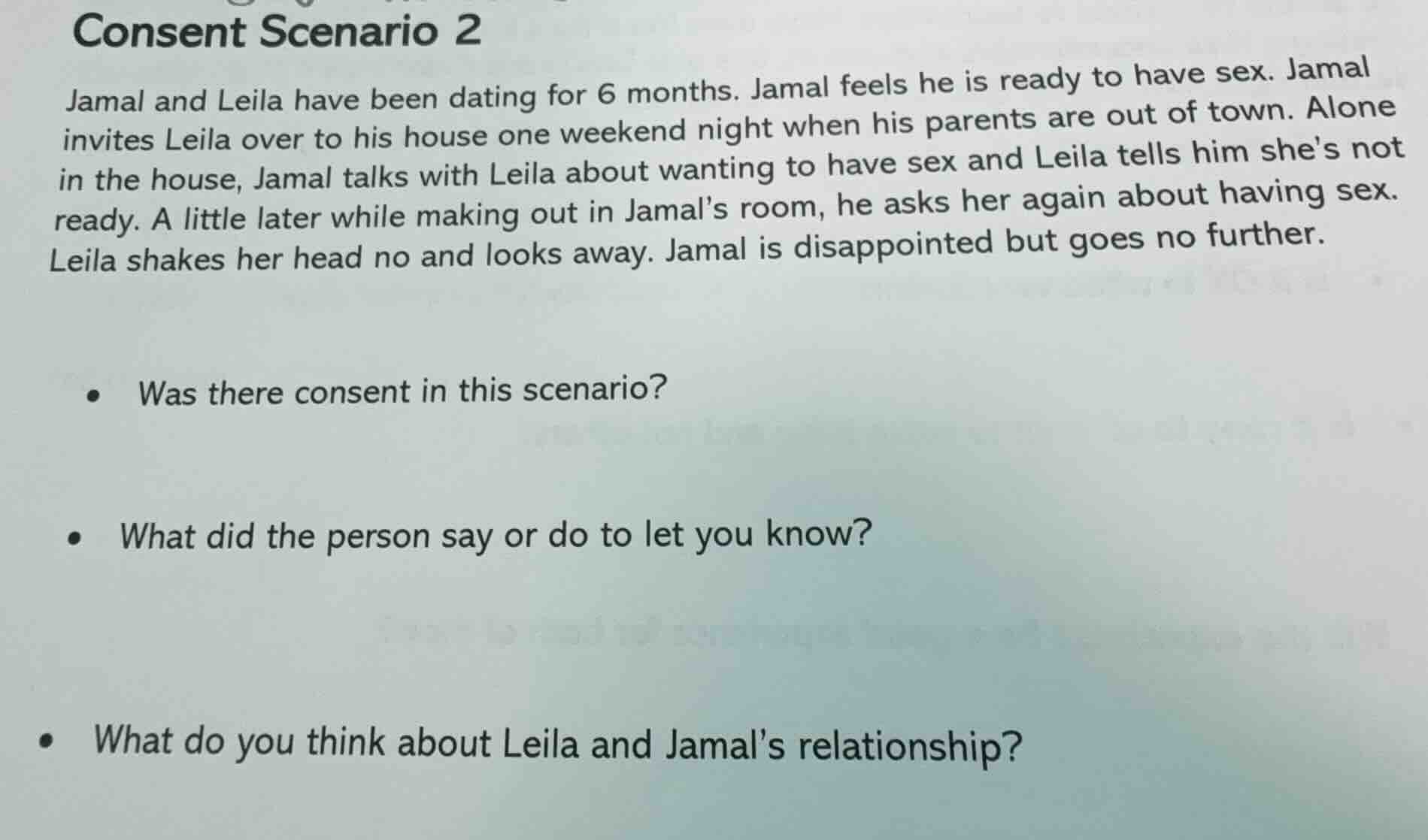 consent scenario 2 jamal and leila have been dating for 6 months. jamal…