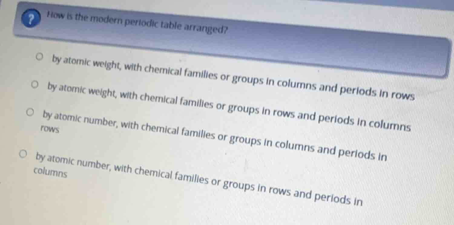 how is the modern periodic table arranged? ○ by atomic weight, with che…