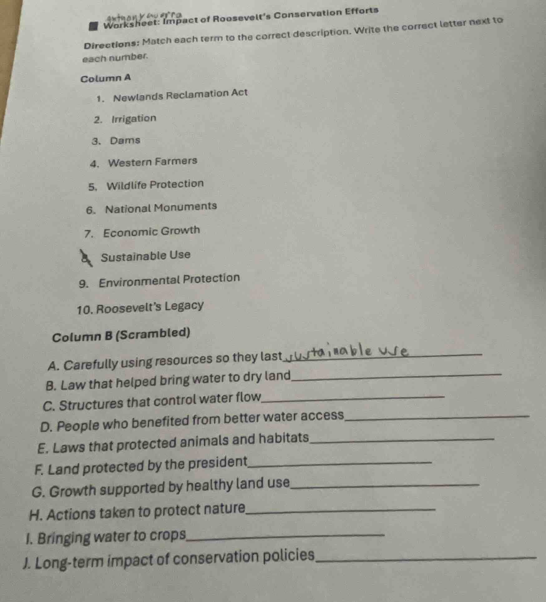 worksheet: impact of roosevelts conservation efforts directions: match …