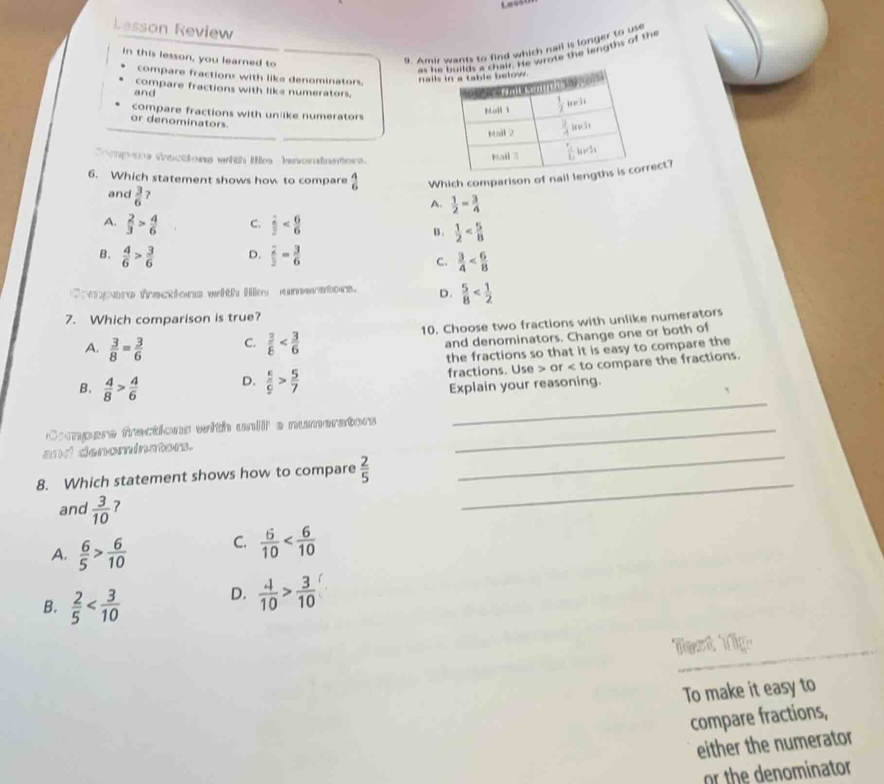 lesson review in this lesson, you learned to • compare fractions with l…