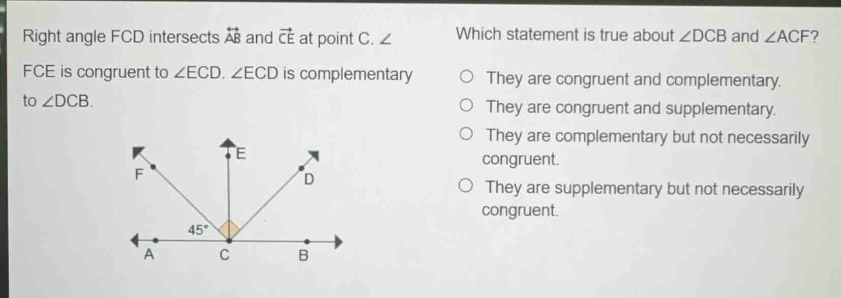 right angle fcd intersects $overleftrightarrow{ab}$ and $overrightarrow…