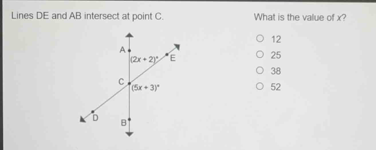 lines de and ab intersect at point c. what is the value of x? ○ 12 ○ 25…