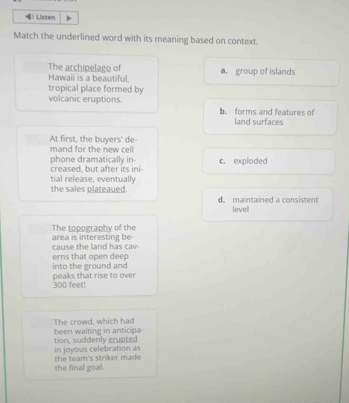 listen match the underlined word with its meaning based on context. the…
