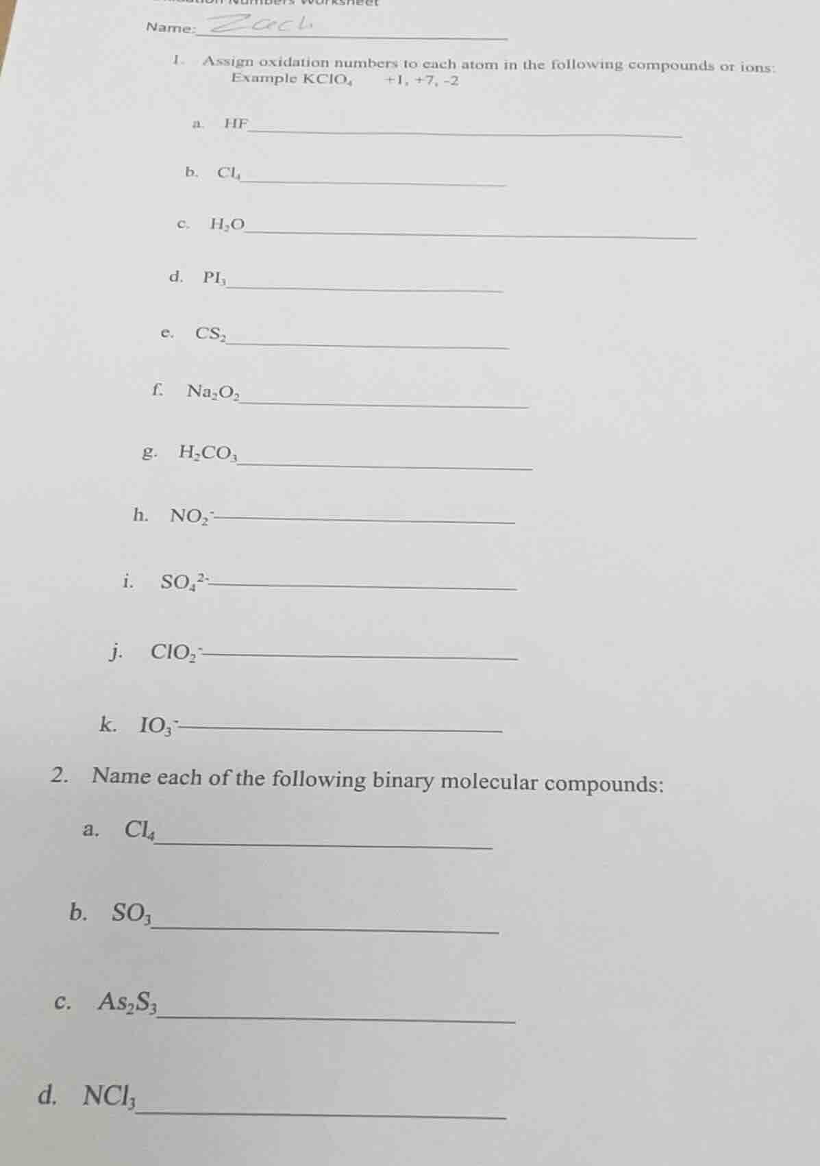 name: zocl1. assign oxidation numbers to each atom in the following com…