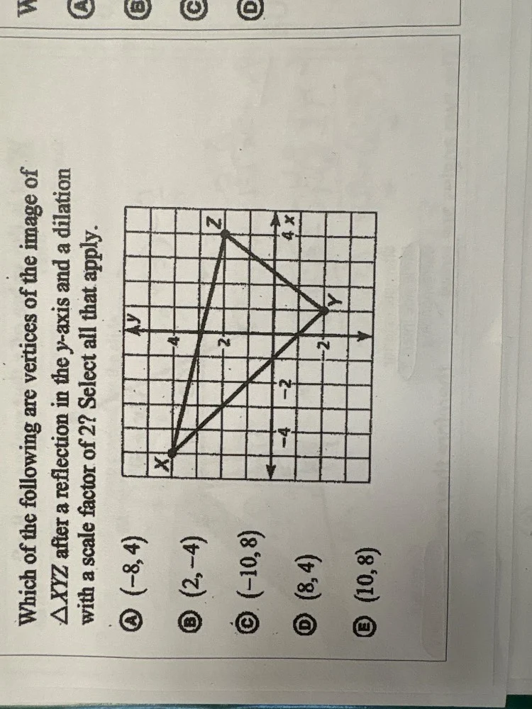 which of the following are vertices of the image of △xyz after a reflec…