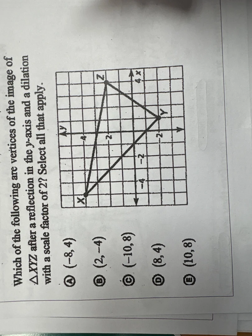 which of the following are vertices of the image of $\\triangle xyz$ af…