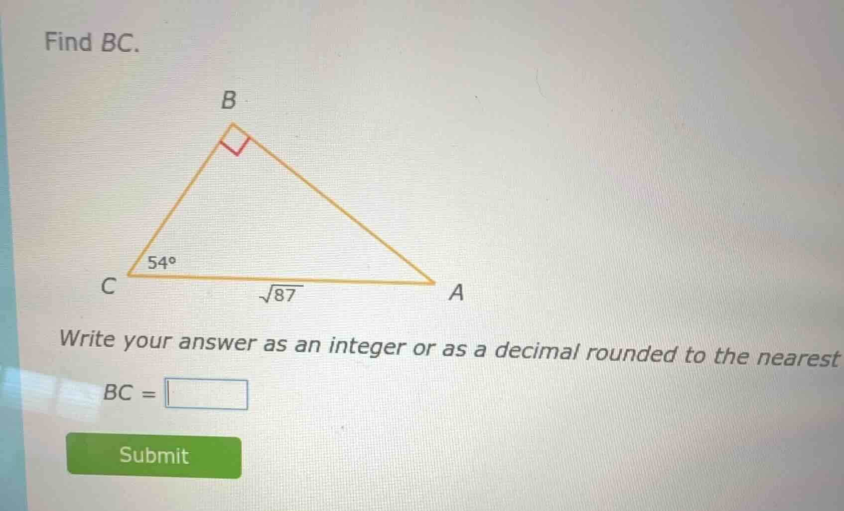find bc. write your answer as an integer or as a decimal rounded to the…
