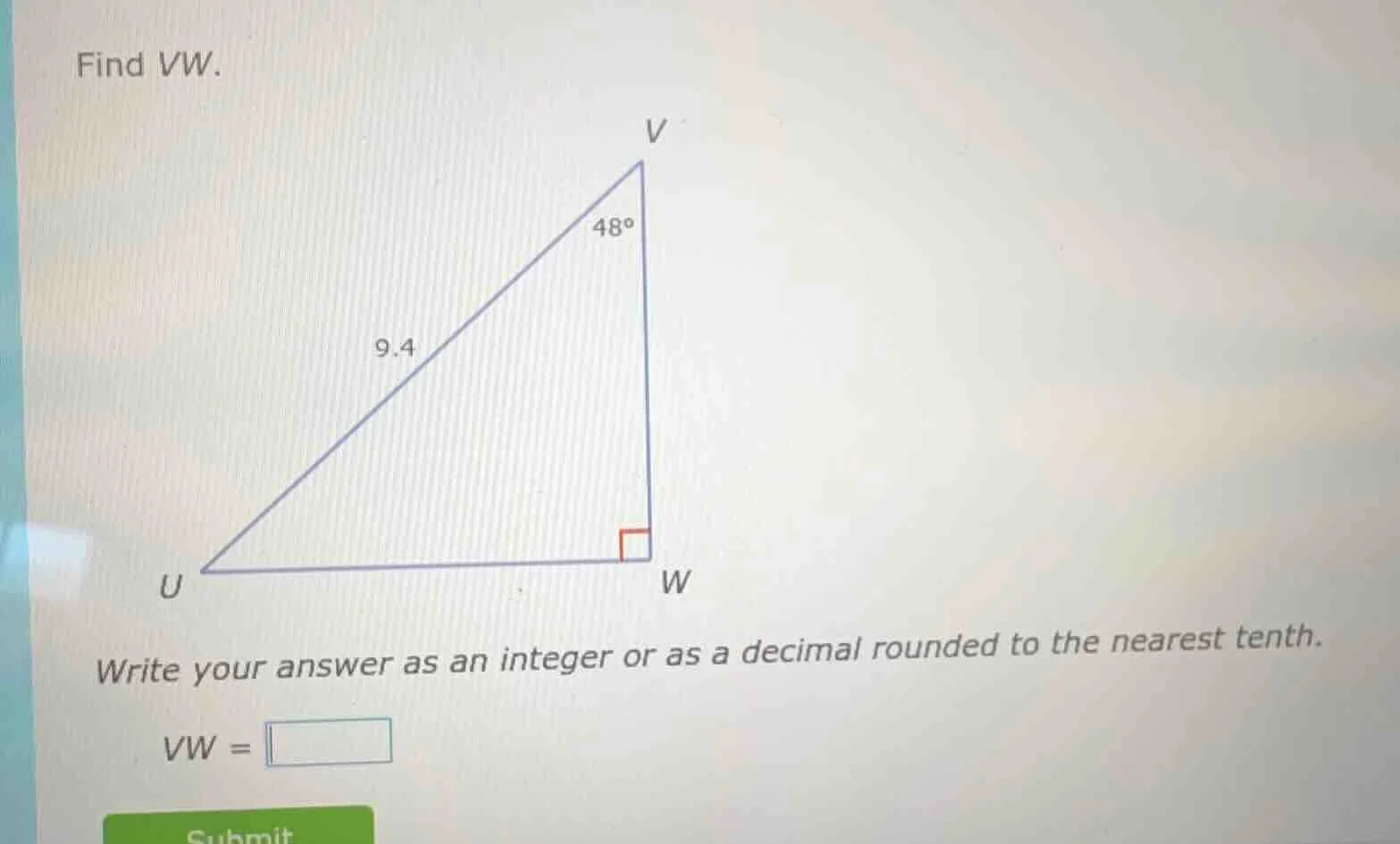 find vw. write your answer as an integer or as a decimal rounded to the…