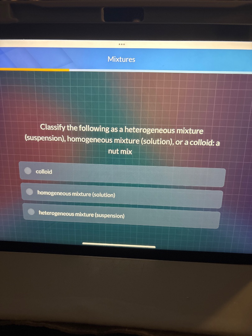 mixtures classify the following as a heterogeneous mixture (suspension)…