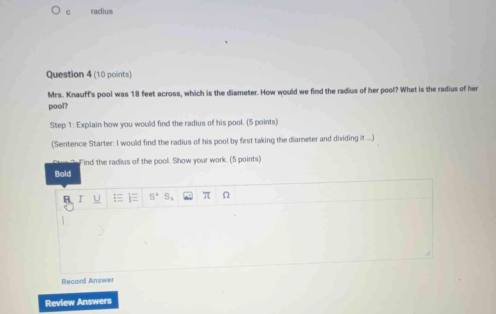 c radius question 4 (10 points) mrs. knauffs pool was 18 feet across, w…