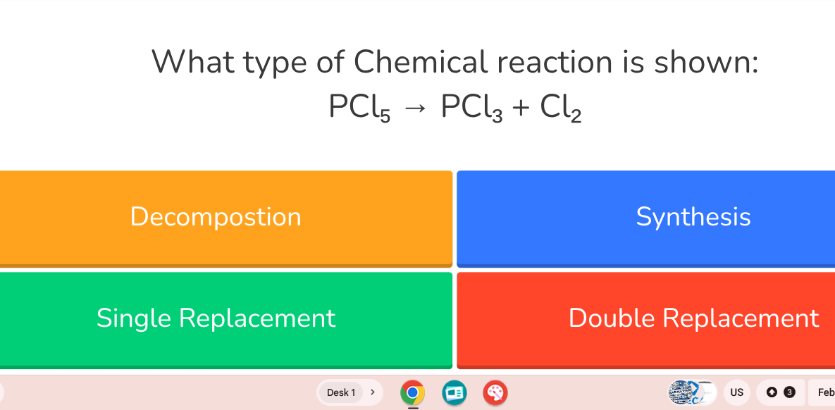 what type of chemical reaction is shown: $ce{pcl_{5} -> pcl_{3} + cl_{2…