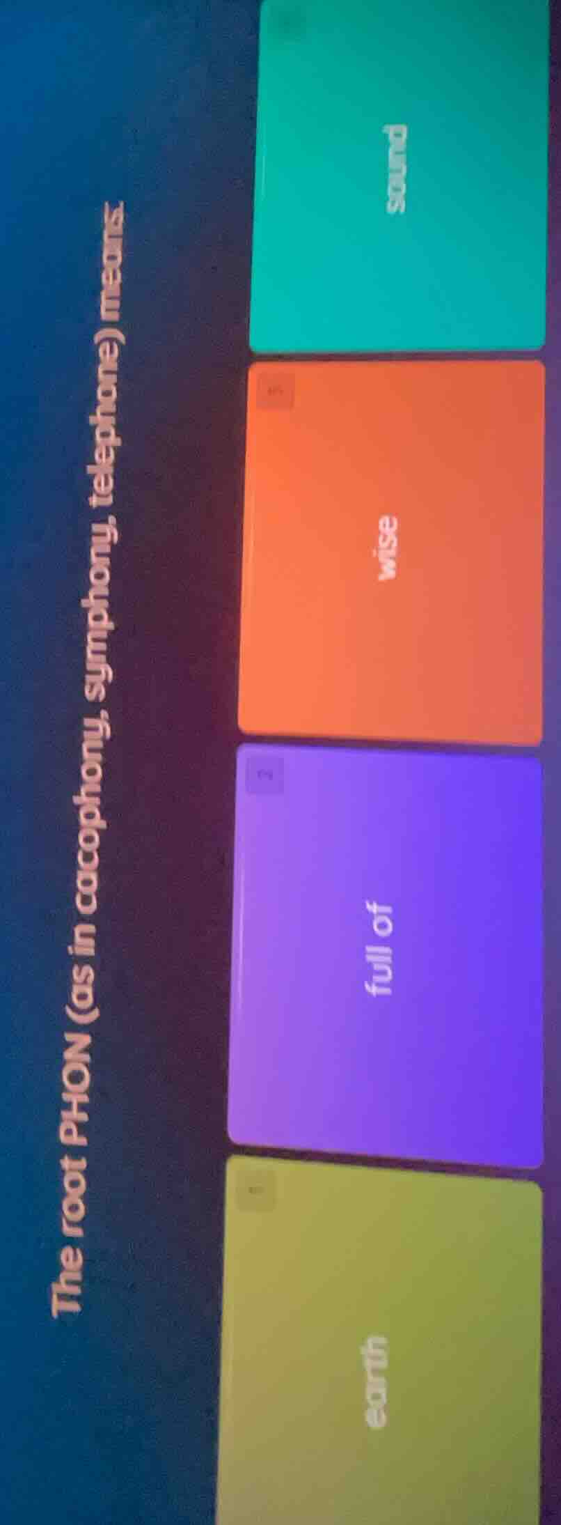 the root phon (as in cacophony, symphony, telephone) means:soundwiseful…