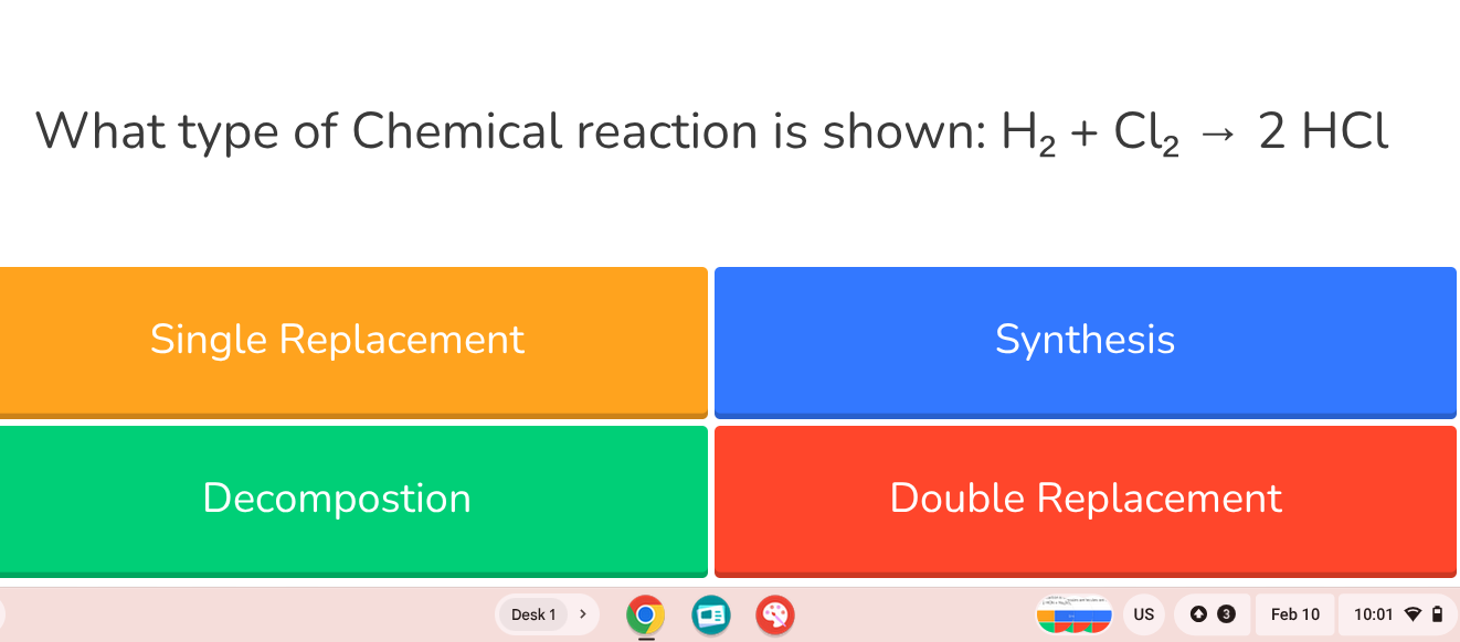what type of chemical reaction is shown: $ce{h_{2} + cl_{2} -> 2 hcl}$ …