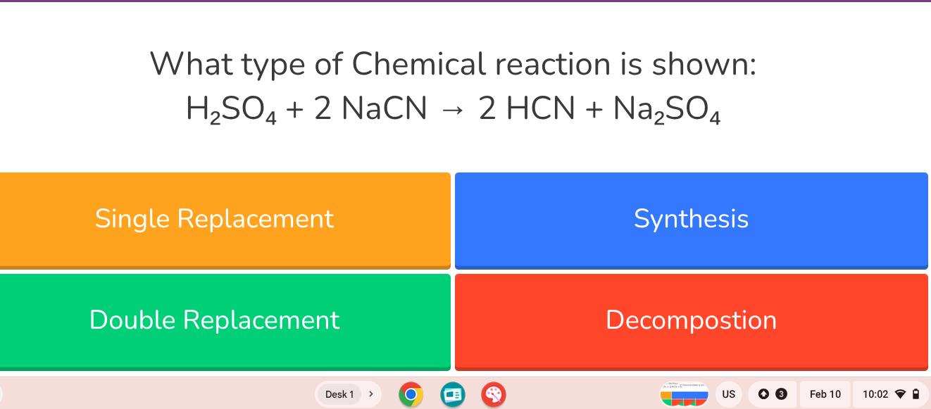 what type of chemical reaction is shown:$ce{h_{2}so_{4} + 2 nacn -> 2 h…