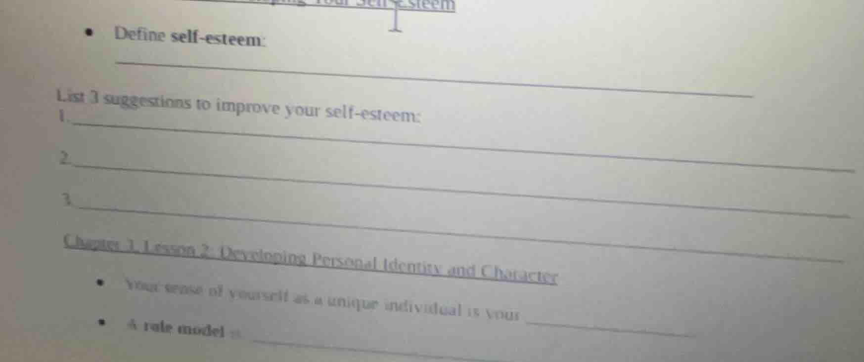 - define self-esteem: list 3 suggestions to improve your self-esteem: 1…