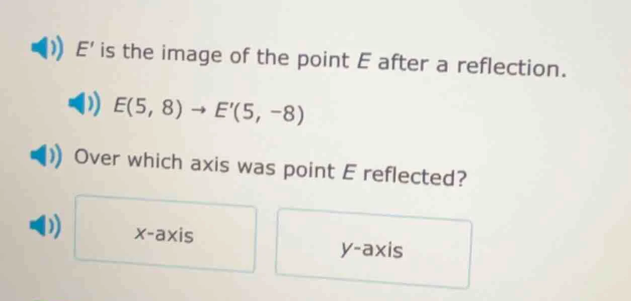 e is the image of the point e after a reflection. e(5, 8) → e(5, -8) ov…