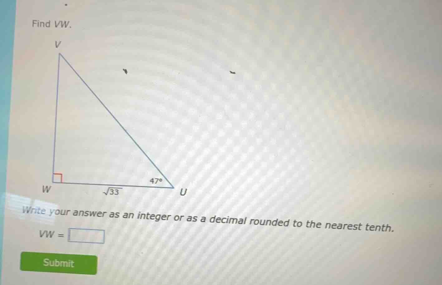 find vw. write your answer as an integer or as a decimal rounded to the…