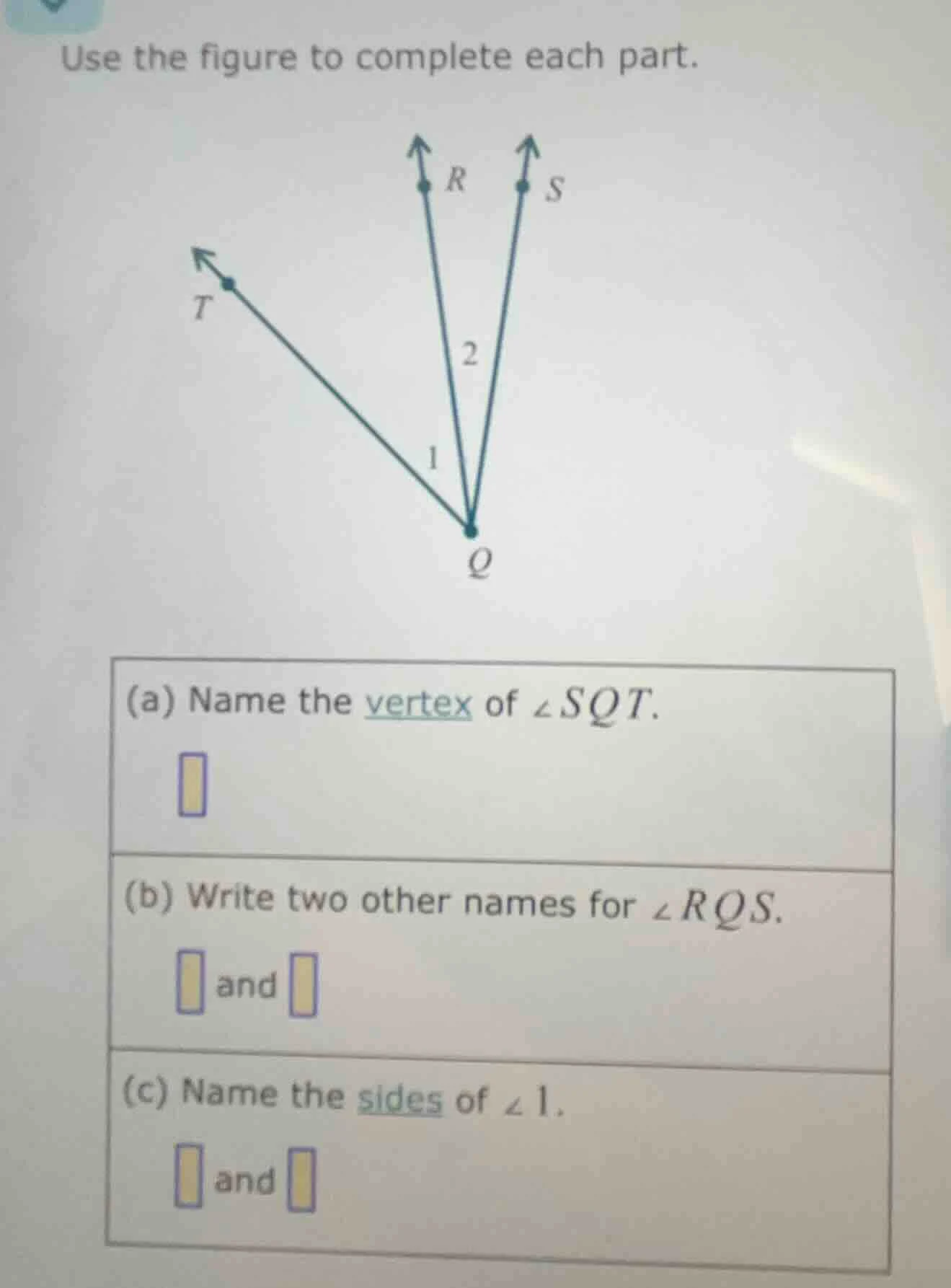 use the figure to complete each part. (a) name the vertex of $angle sqt…