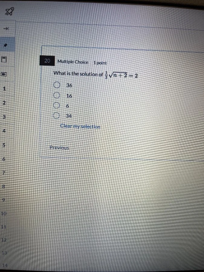 20 multiple choice 1 point what is the solution of $\frac{1}{3}sqrt{n +…