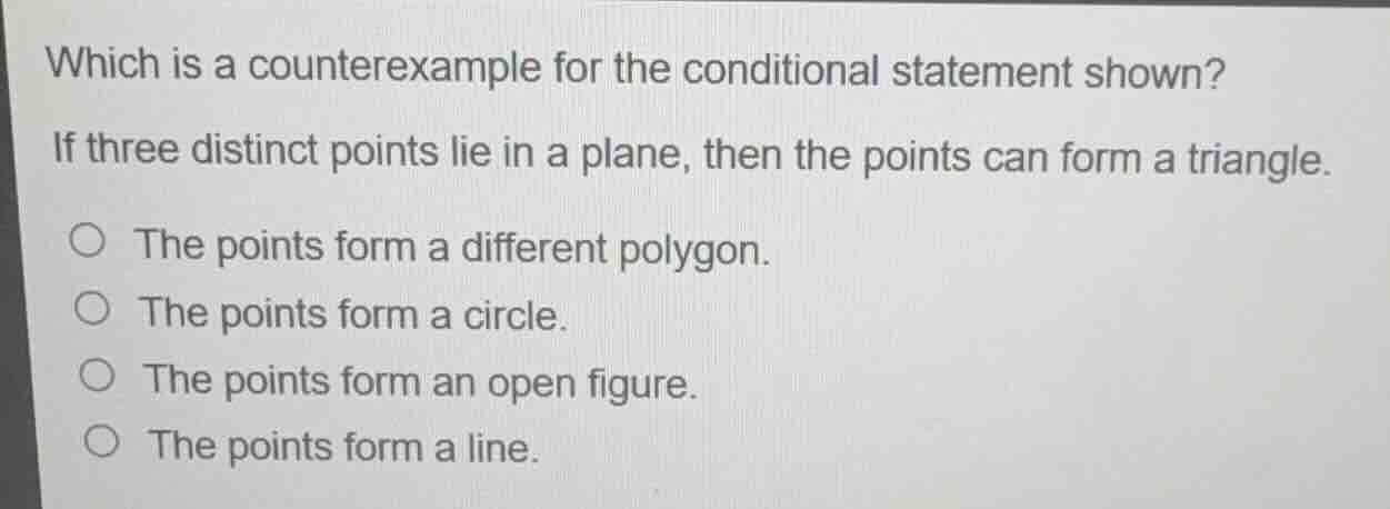 which is a counterexample for the conditional statement shown? if three…