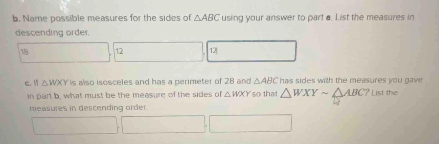 b. name possible measures for the sides of $\triangle abc$ using your a…