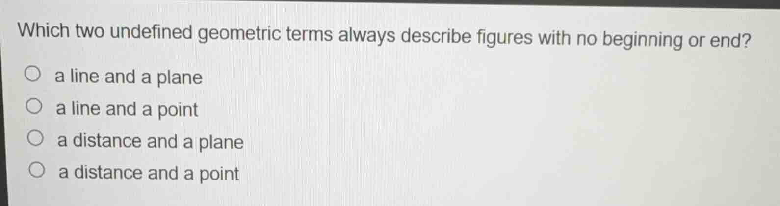 which two undefined geometric terms always describe figures with no beg…