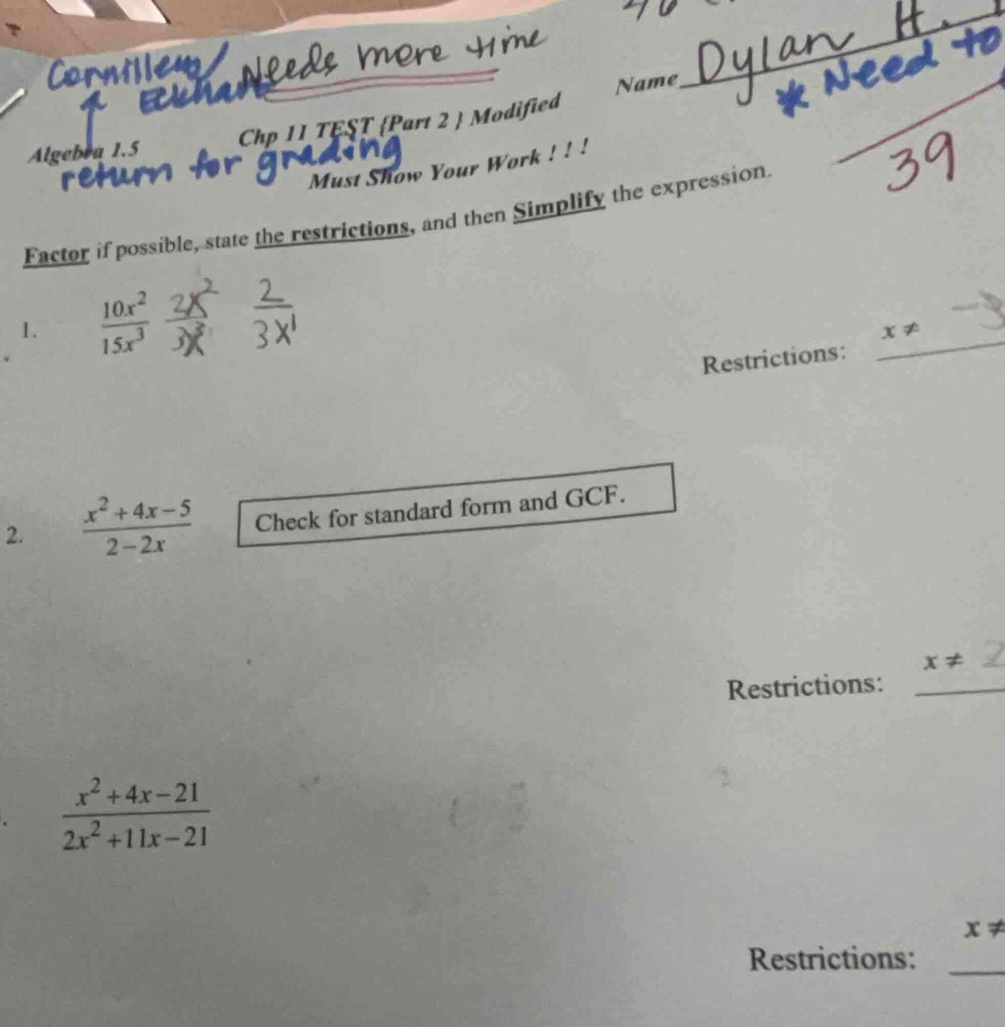 algebra 1.5 chp 11 test {part 2 } modified name dylan h. return for gra…