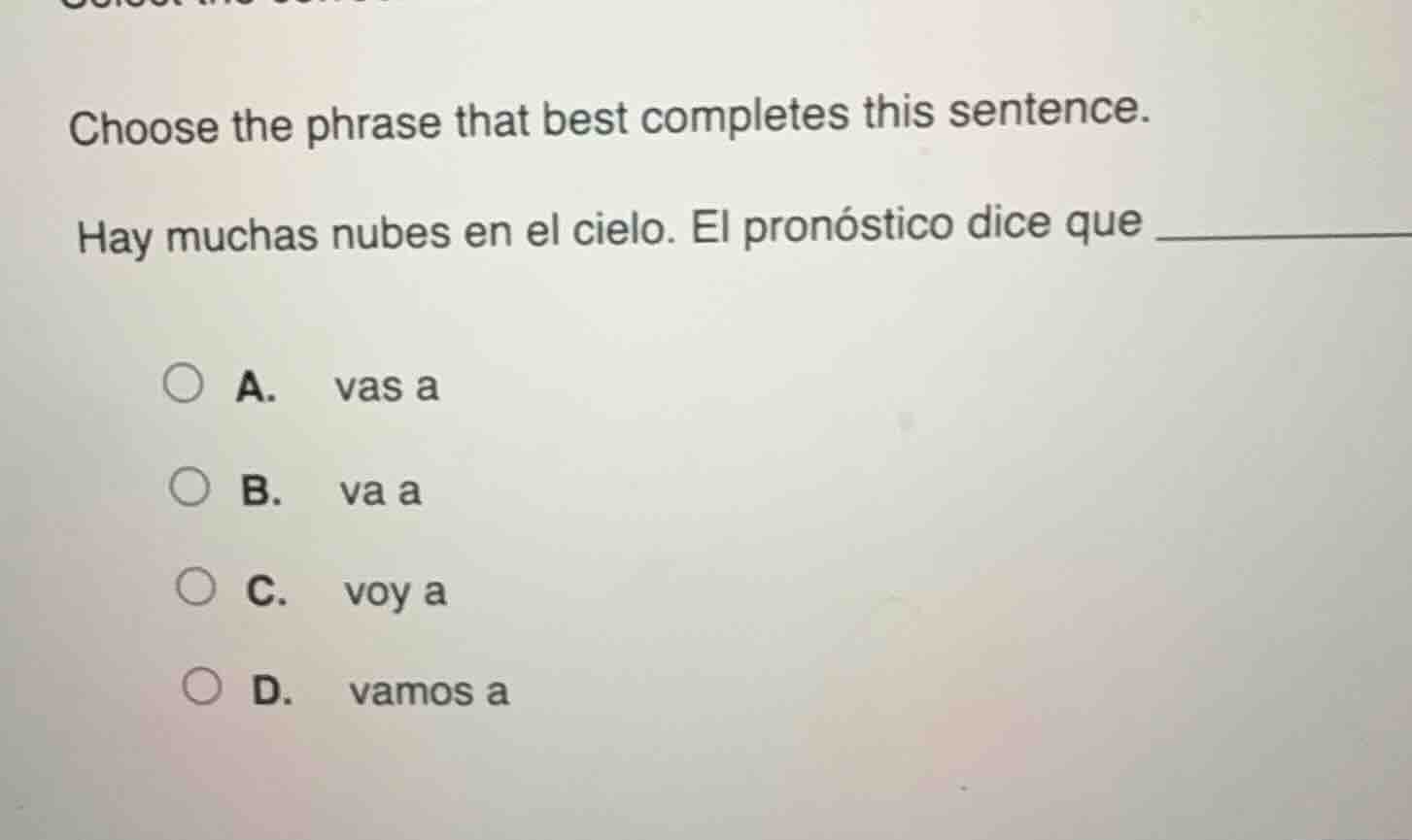 choose the phrase that best completes this sentence. hay muchas nubes e…