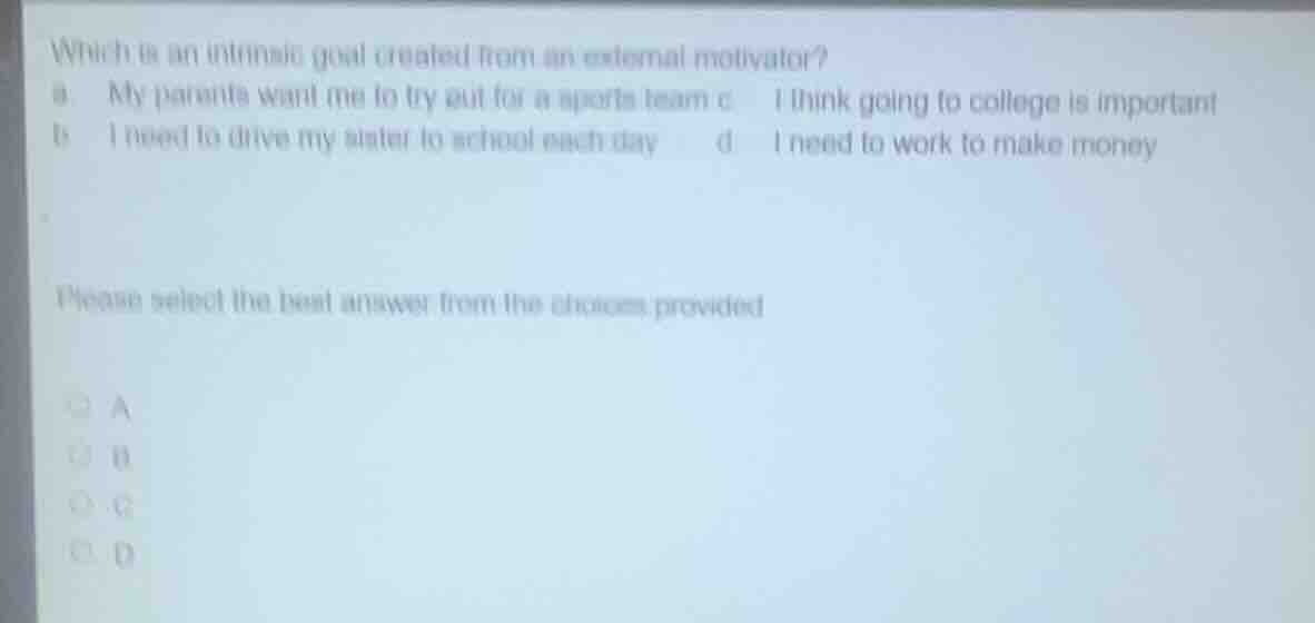 which is an intrinsic goal created from an external motivator? a. my pa…