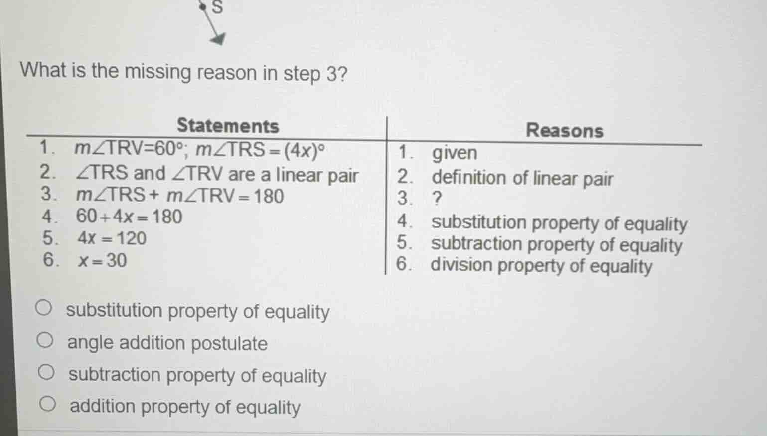 what is the missing reason in step 3? statements 1. $m\\angle trv=60^\\…