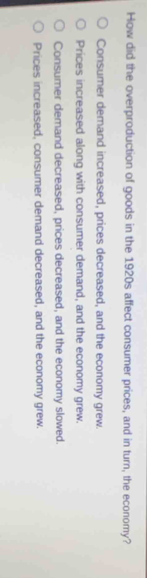 how did the overproduction of goods in the 1920s affect consumer prices…