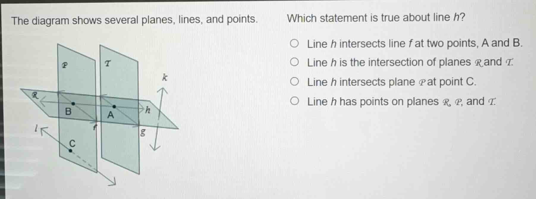the diagram shows several planes, lines, and points. which statement is…