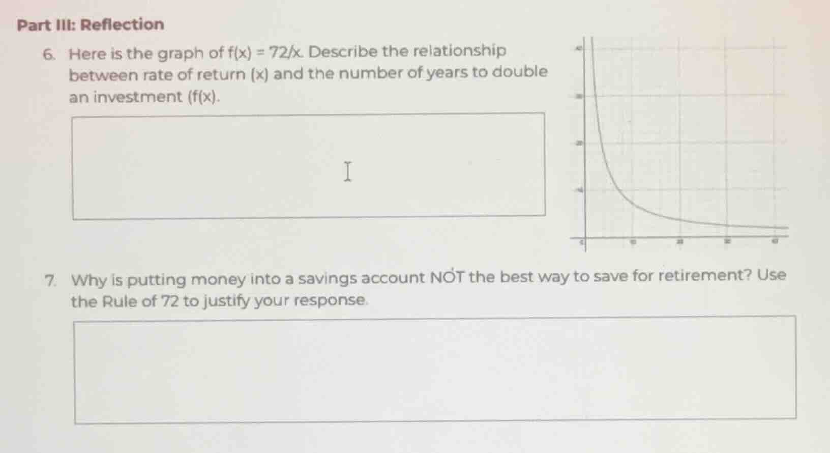 part iii: reflection 6. here is the graph of $f(x)=\\frac{72}{x}$. desc…