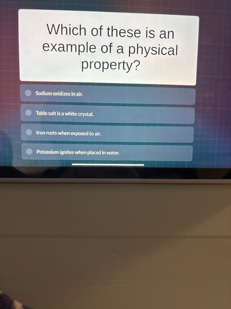 which of these is an example of a physical property? sodium oxidizes in…