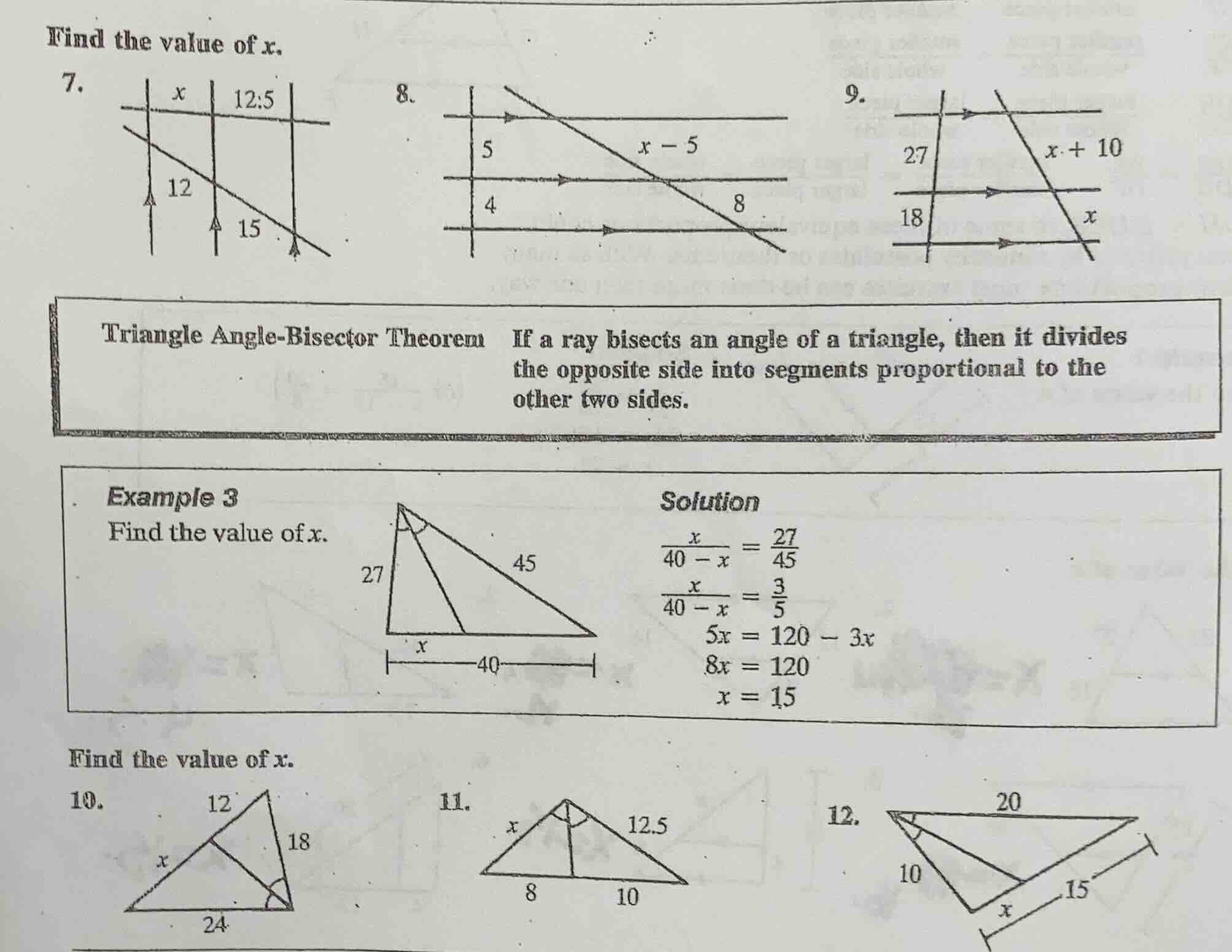 find the value of $x$. 7. 8. 9. triangle angle-bisector theorem if a ra…