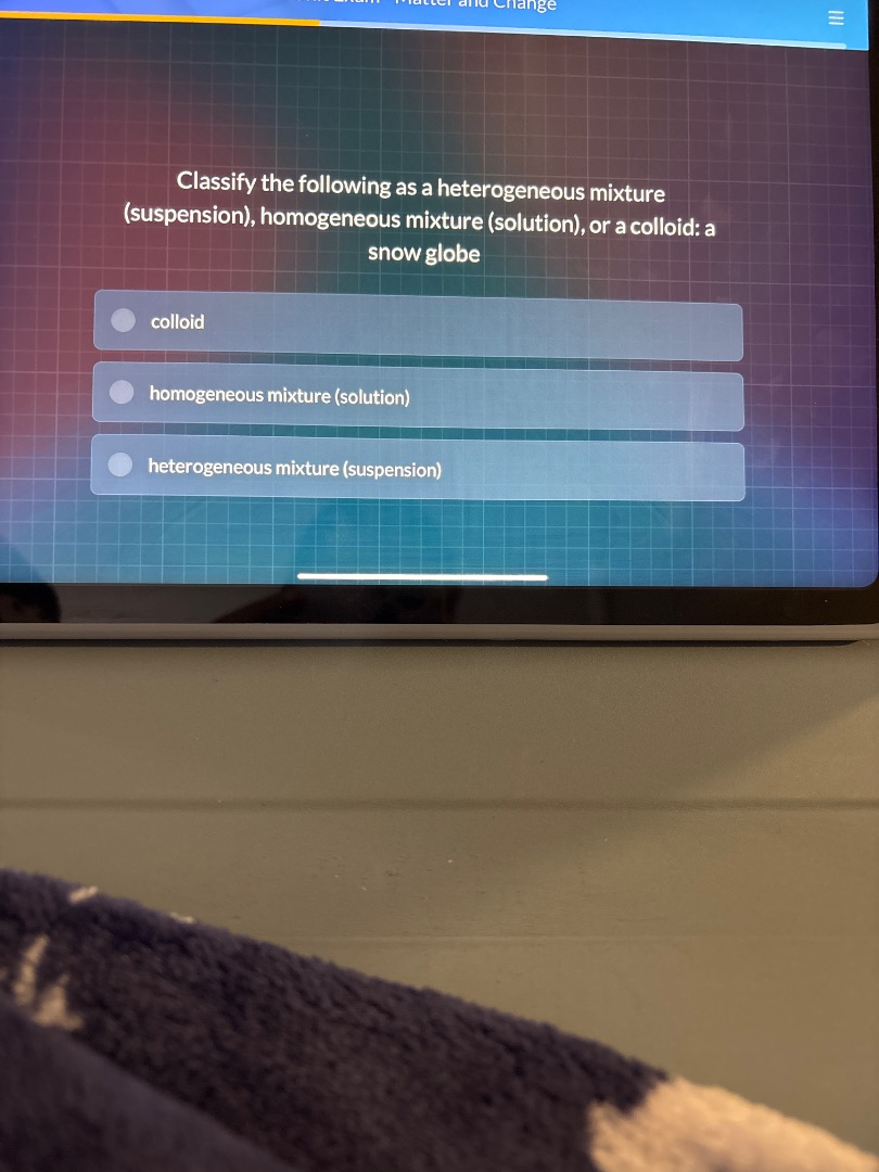 classify the following as a heterogeneous mixture (suspension), homogen…