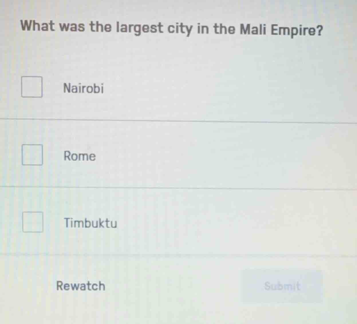what was the largest city in the mali empire?nairobirometimbukturewatch…