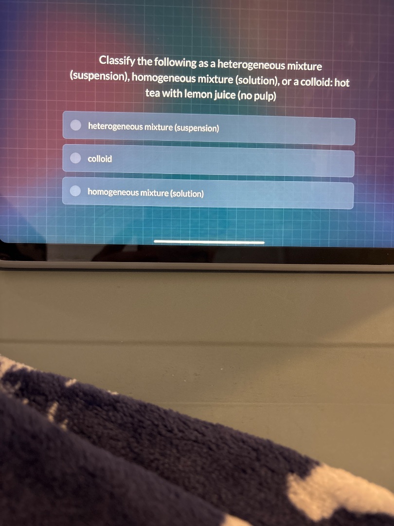 classify the following as a heterogeneous mixture (suspension), homogen…