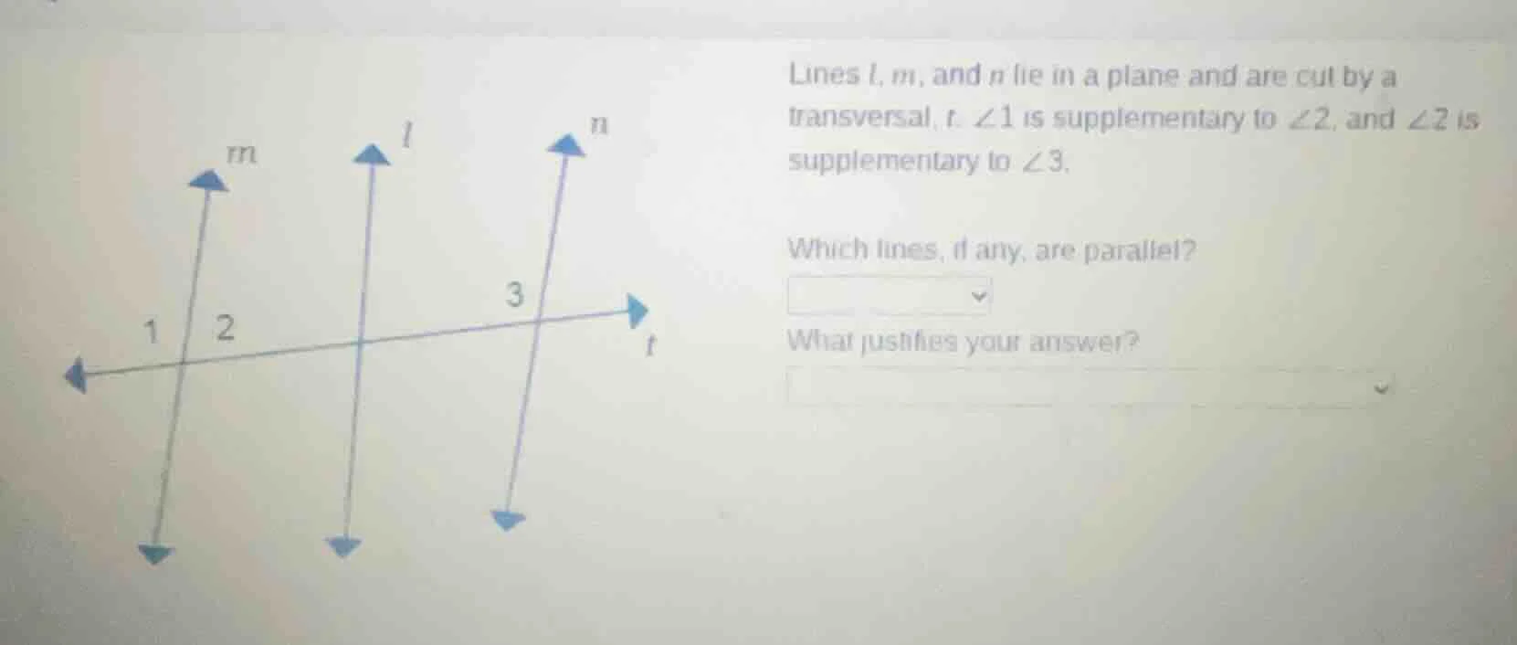lines l, m, and n lie in a plane and are cut by a transversal, t. $angl…
