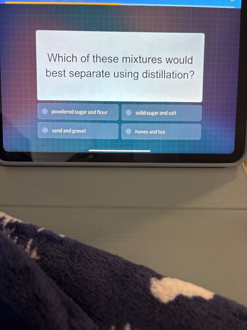 which of these mixtures would best separate using distillation?powdered…