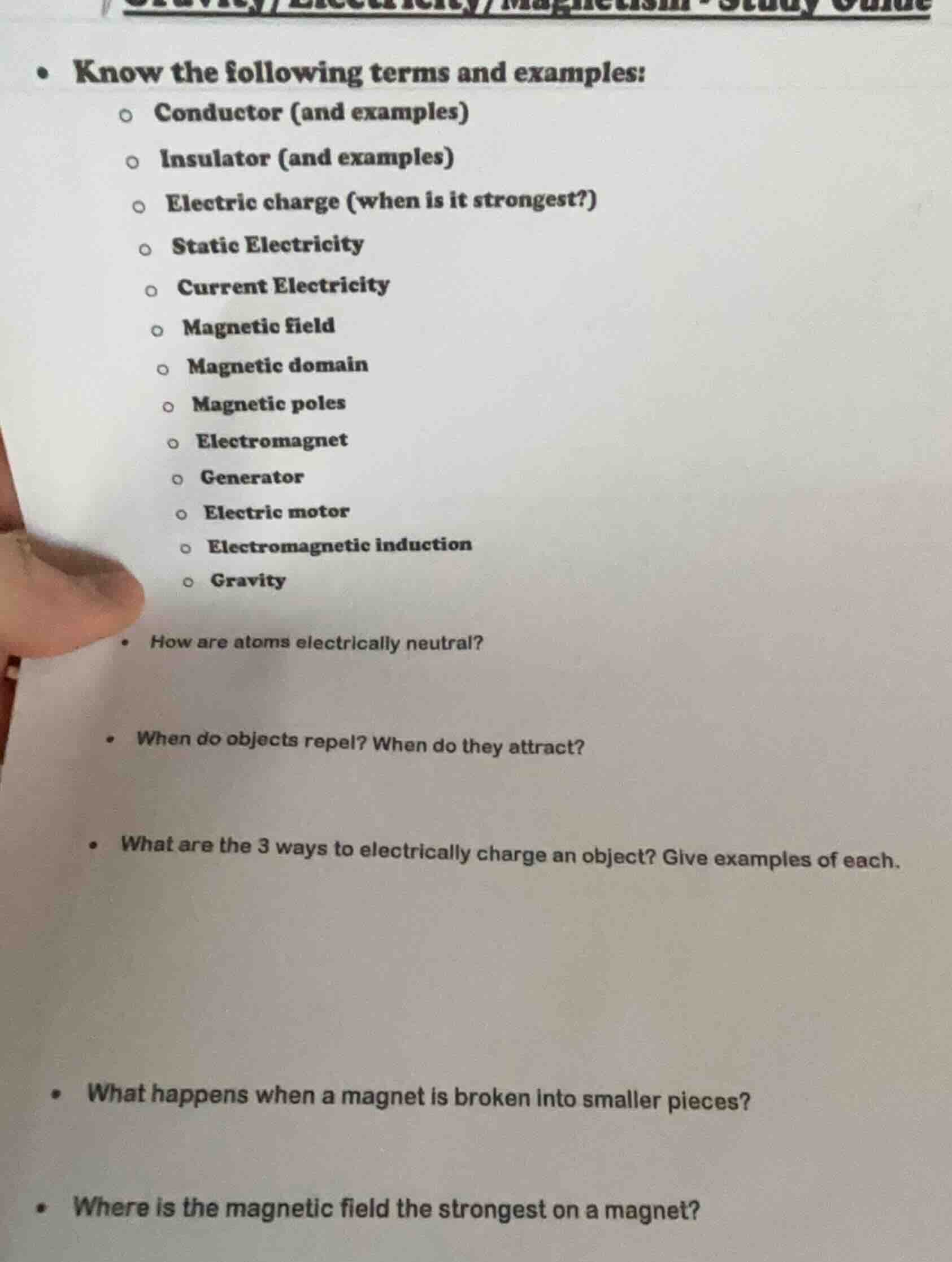 gravity/electricity/magnetism - study guide• know the following terms a…