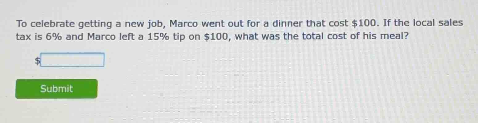 to celebrate getting a new job, marco went out for a dinner that cost $…